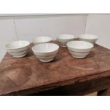 Set of six second period Belleek porrige bowls, Black stamp {8cm H x 15cm Dia.}