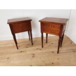 Pair of mahogany lockers with two short drawers raised on turned tapered legs { 66cm H X 45cm W X