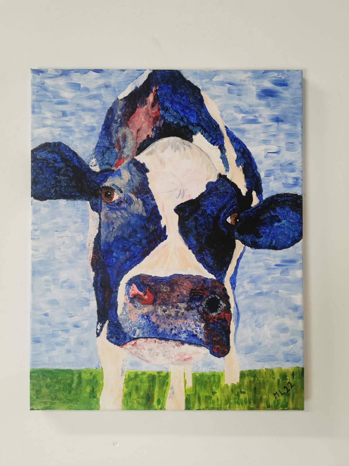 M Leddy Friesian Cow Oil on Canvas { 51cm H X 41cm W }.