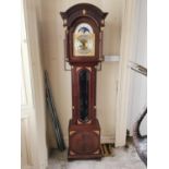 Exceptional quality inlaid mahogany and brass long cased clock with silvered brass rolling moon