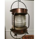 19th C. Copper and brass hanging ships lamp {55cm H x 27cm Dia.}