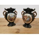 Pair of 19th C. hand painted ceramic vases with gilded decoration. {32 cm H x 22 cm W x 12 cm D}