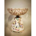19th C. German ceramic bowl the figure of artists under a floral hand painted and gilded bowl,