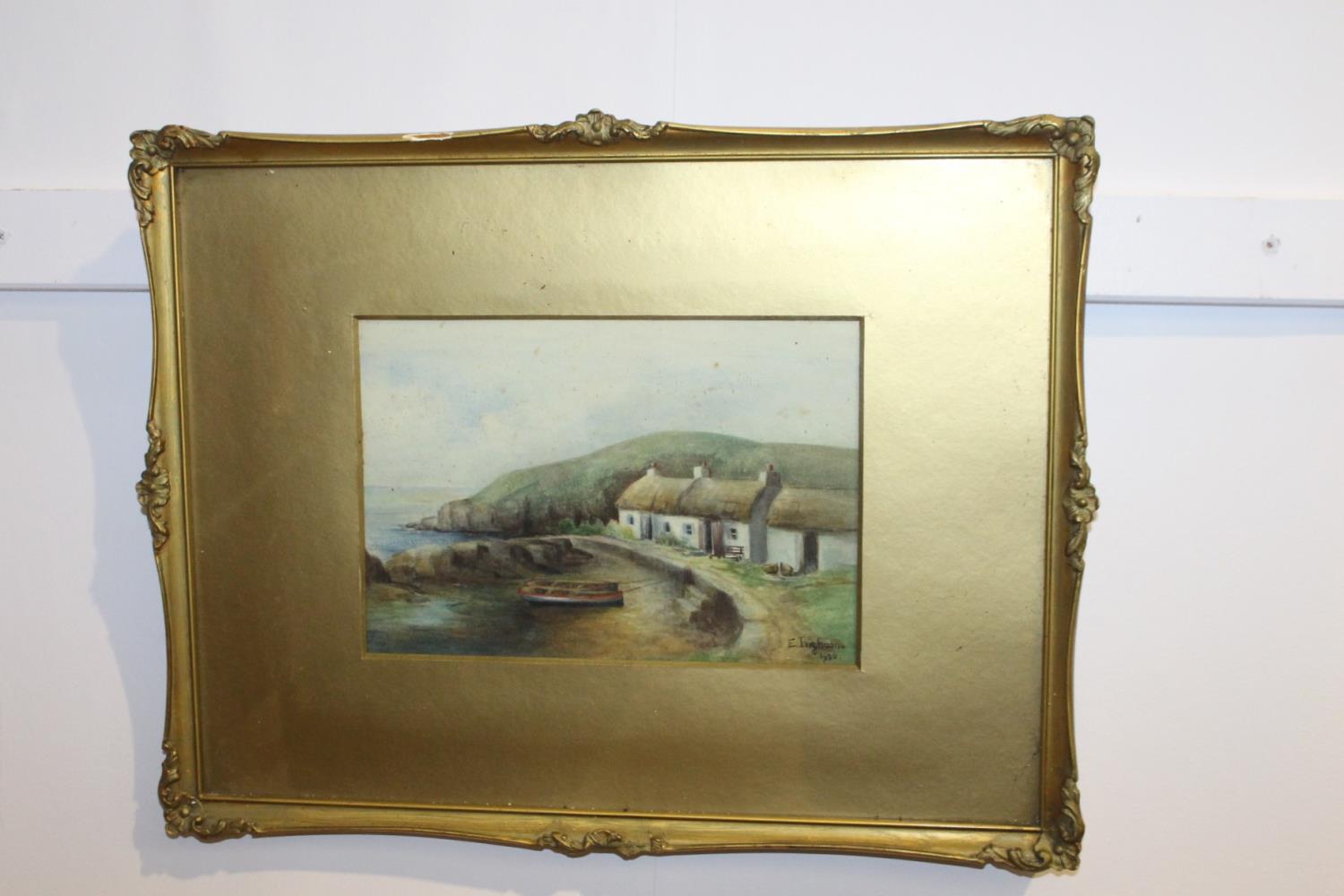 E Ingham 1926 Cottages by the Loch gilt framed water colour { 34cm H X 45cm W }.