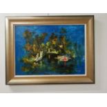 Paul Proud - Oil on Board - Untitled Woodland and Lake Scene mounted in gilt frame { 60 cm H x 85 cm