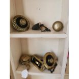 Collection of four 19th. C. decorative brass room bell pulls and two brass door knobs.