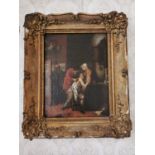 18th C. oil on canvas Tending to the Ill mounted in giltwood frame {57 cm H x 48 cm W}.