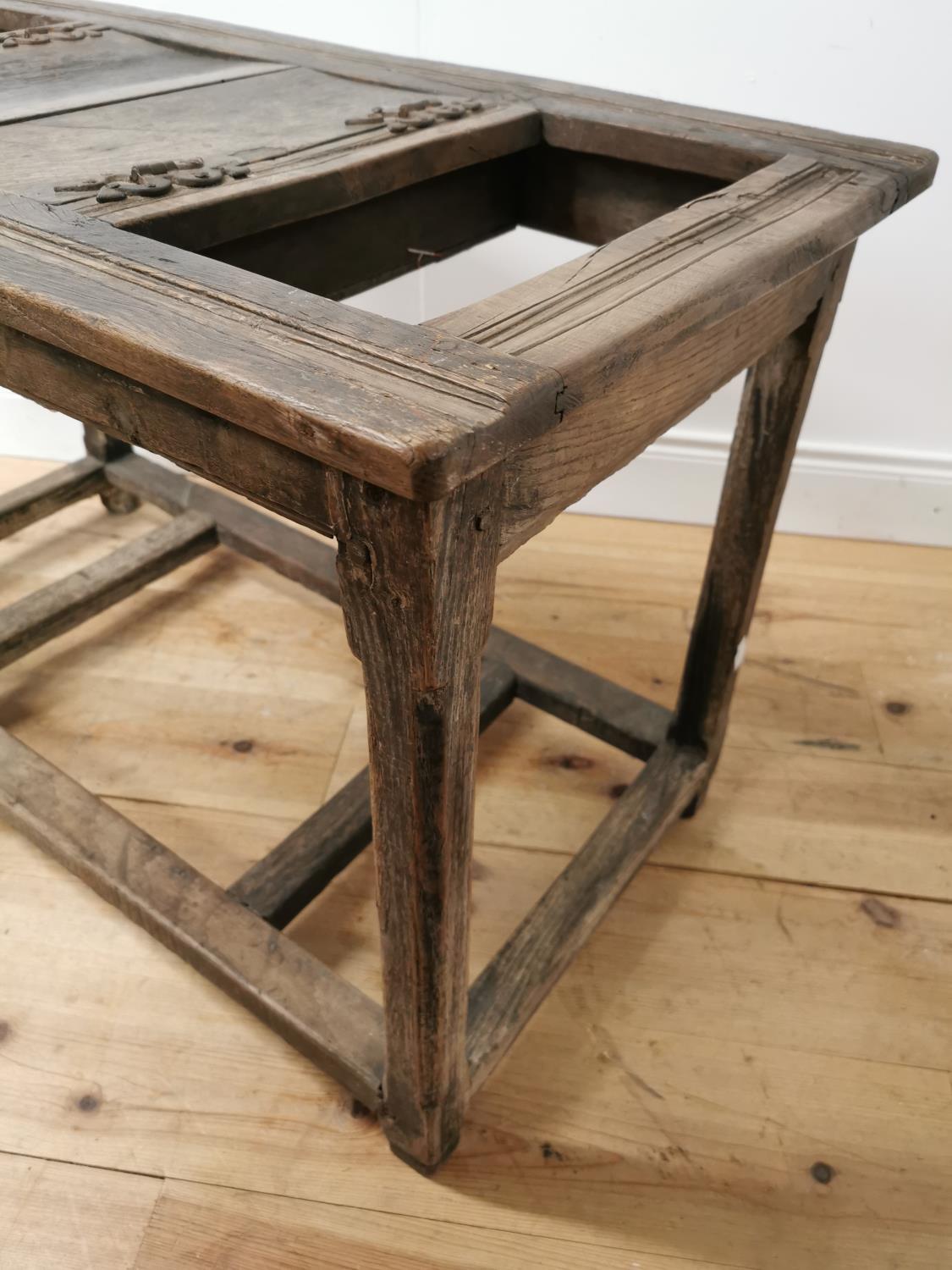 Rare 17th. C. oak bible table the two doors in the centre panel with metal fittings and inscribed T+ - Image 4 of 6