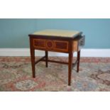 Edwardian mahogany inlaid piano stool with upholstered seat and music sheet drawer in the side