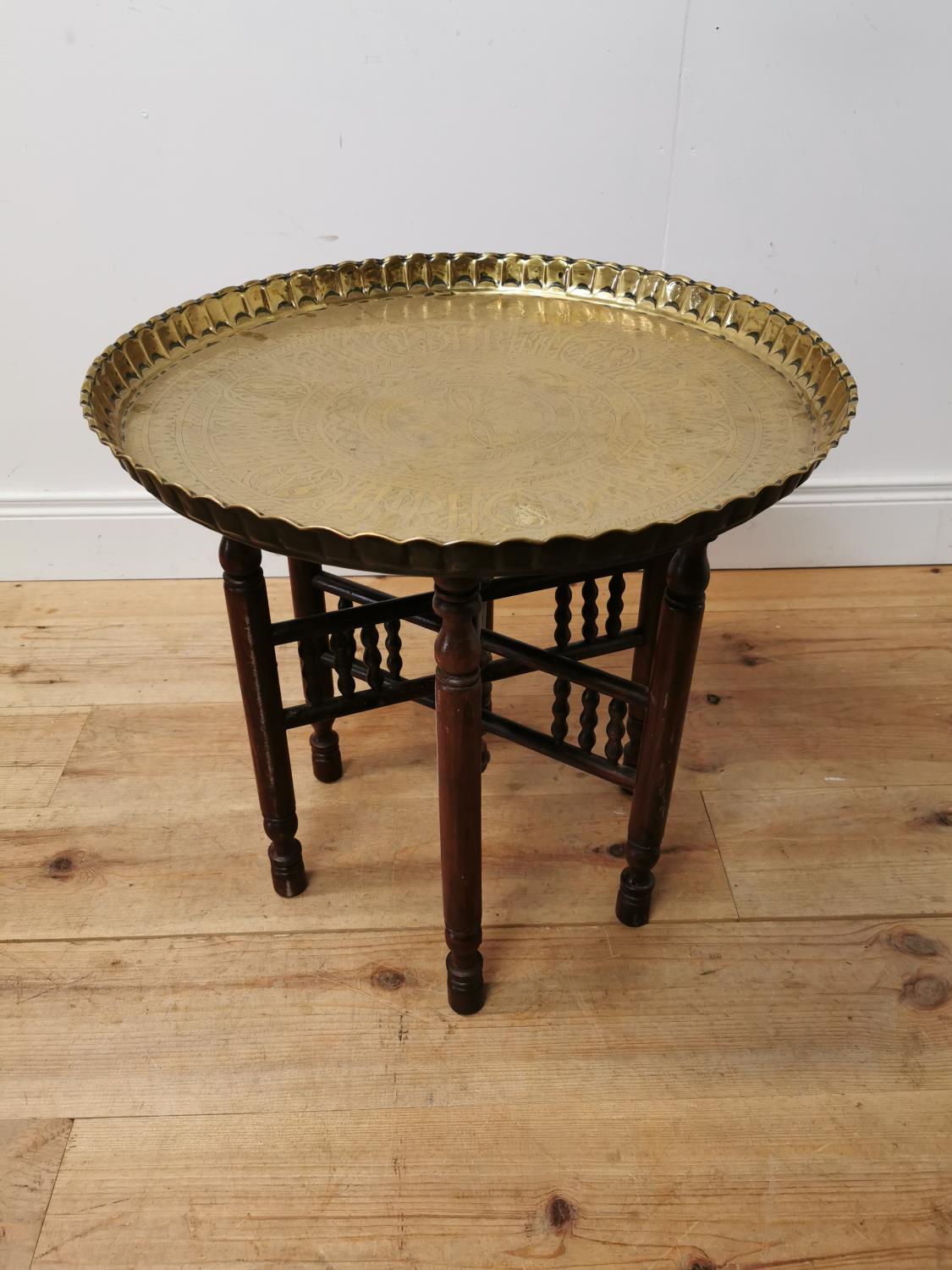 1950's mahogany and brass Indian tea table {55 cm H x 57 cm Dia.}.