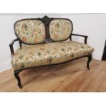 Edwardian upholstered mahogany two seater sofa raised on cabriole legs { 92cm H X 126cm W X 64cm