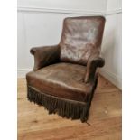 19th. C. leather upholstered armchair raised on turned legs { 90cm H X 82cm W X 80cm D }.