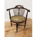 Edwardian mahogany occasional chair with bone inlay and upholstered seat raised on turned legs {