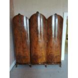 Art Deco veneered walnut three door wardrobe raised on cabriole legs {213 cm H x 183 cm W x 65 cm