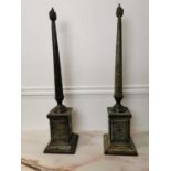Pair of decorative bronze obelisks { 67cm H X 15cm Sq }.