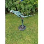 Bronze model of leaping frog on marble base {82 cm H x 40 cm W x 78 cm D}.