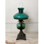 19th. C. oil lamp with cast iron base blue glass bowl and mushroom shade { 61cm H X 26cm Dia }.