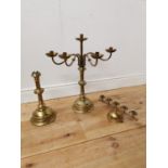 Three 19th. C. brass candlesticks { 63cm H, 40cm H & 13cm H }.