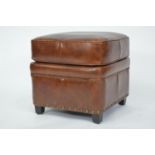 Good quality brown leather upholstered foot stool . { 44cm H X 46cm Sq }.