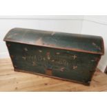 19th. C. Swedish painted oak dome topped metal bound Marriage trunk J A D 1820 { 83cm H X 164cm W