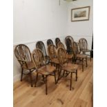 Harlequin set of ten plus two pine wheel slat backed kitchen chairs { approx. 97cm H X 40cm W X 48cm