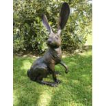 Exceptional quality bronze model of a Hare {57 cm H x 39 cm W x 26 cm D}.