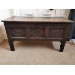 18th C. carved oak coffer on square reeded legs {75 cm H x 135 cm W x 52 cm D}.