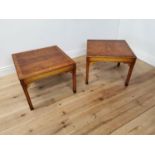 Pair of good quality yew wood lamp tables raised on square legs {46 cm H x 61 cm W x 61 cm D}.