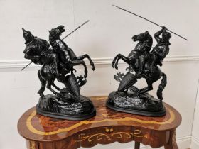 Pair of 19th C. Spelter Warriors on horseback {55cm H x 34cm W x 15cm D}