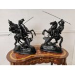 Pair of 19th C. Spelter Warriors on horseback {55cm H x 34cm W x 15cm D}