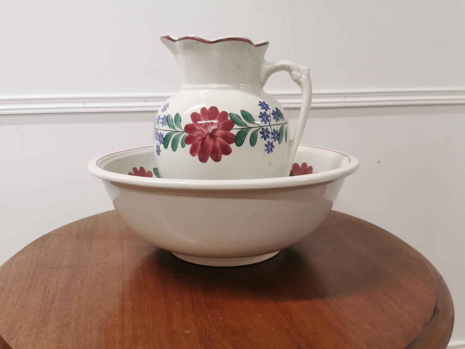 Early 20th. C. ceramic jug and basin set with brushwork decoration { Basin 33cm H X 34cm Dia } - Image 2 of 3