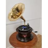Victrola gramophone with brass horn { 70cm H X 60cm W X 45cm D }