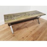 Mid century chrome coffee table with decorative tiled top. { 42cm H X 142cm W X 47cm D }.