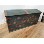 19th. C. Danish painted oak dome topped metal bound Marriage trunk G.K.K.D 1749 { 67cm H X 140cm