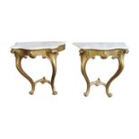 Pair of 19th. C. Irish giltwood consul tables with serpentine marble tops { 90cm H X 86cm W X 48cm D
