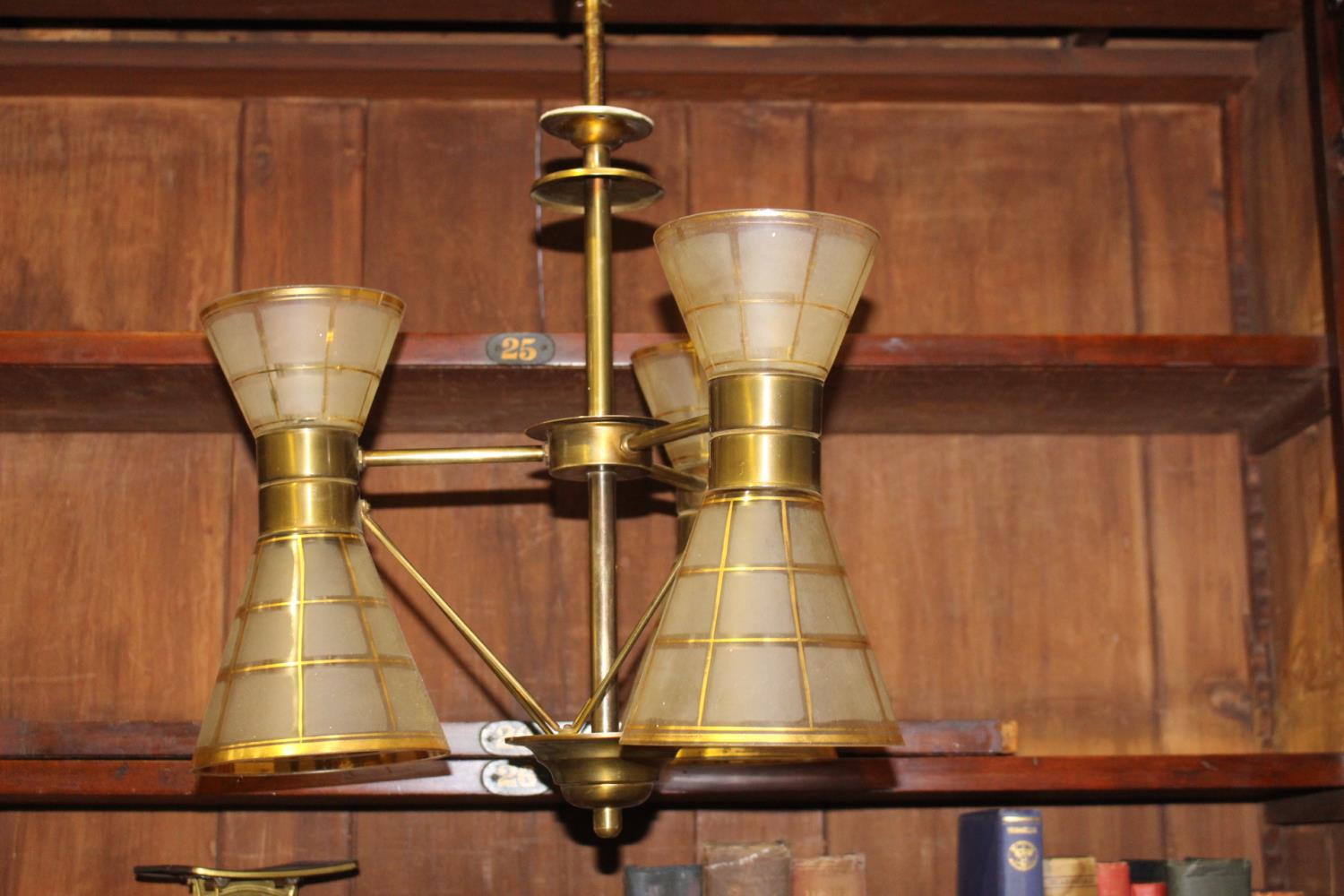 Brass and glass three branch chandelier { 50cm H X 40cm Dia }.