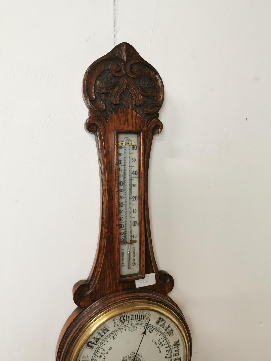 19th. C. carved oak Aneroid barometer{ 83cm H X 26cm W }. - Image 3 of 3