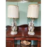 Pair of Italian ceramic table lamps in the form of Cherubs ans violins with shades { 120cm H X