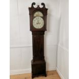 19th. C. mahogany long cased clock with arched painted dial { 218cm H X 48cm W X 25cm D }.