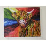 M Leddy Highland Cow Oil on Canvas { 41cm H X 51cm W }.