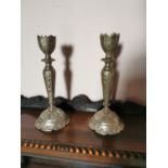 Pair of decorative silverplate candle sticks {39 cm H x 15 cm Dia.}.