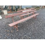 Pair of early 20th. C. pine and cast iron railway benches { 79cm H X 260cm W X 40cm D }.
