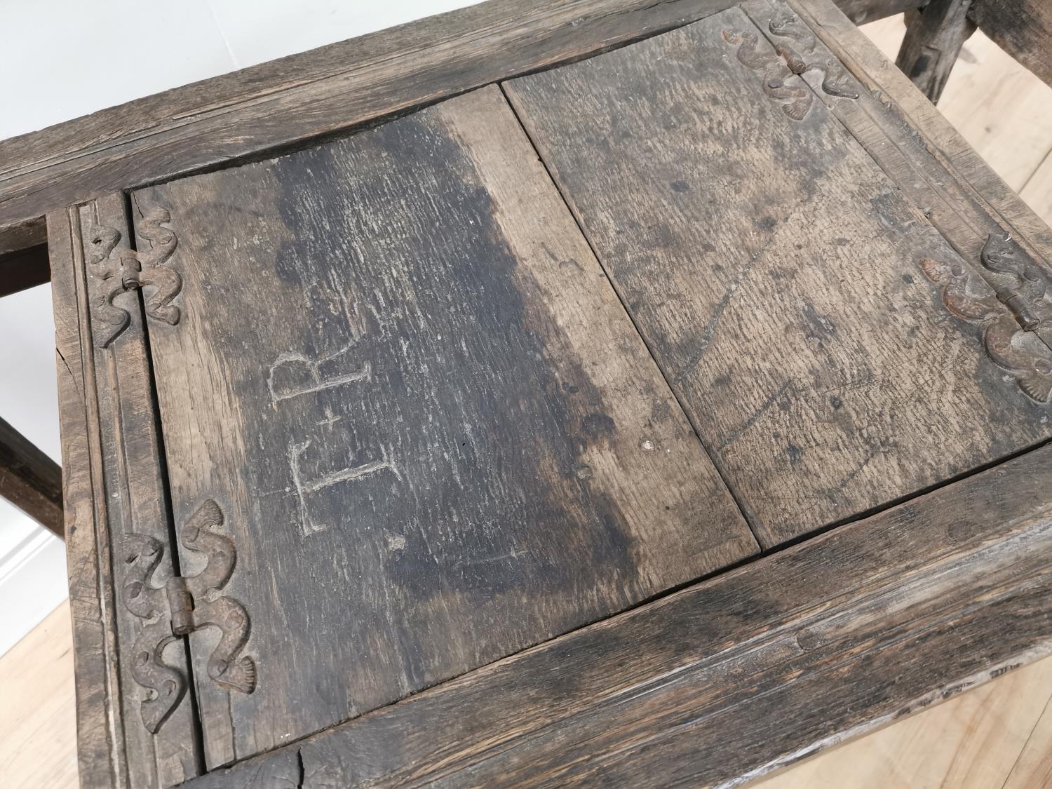 Rare 17th. C. oak bible table the two doors in the centre panel with metal fittings and inscribed T+ - Image 2 of 6