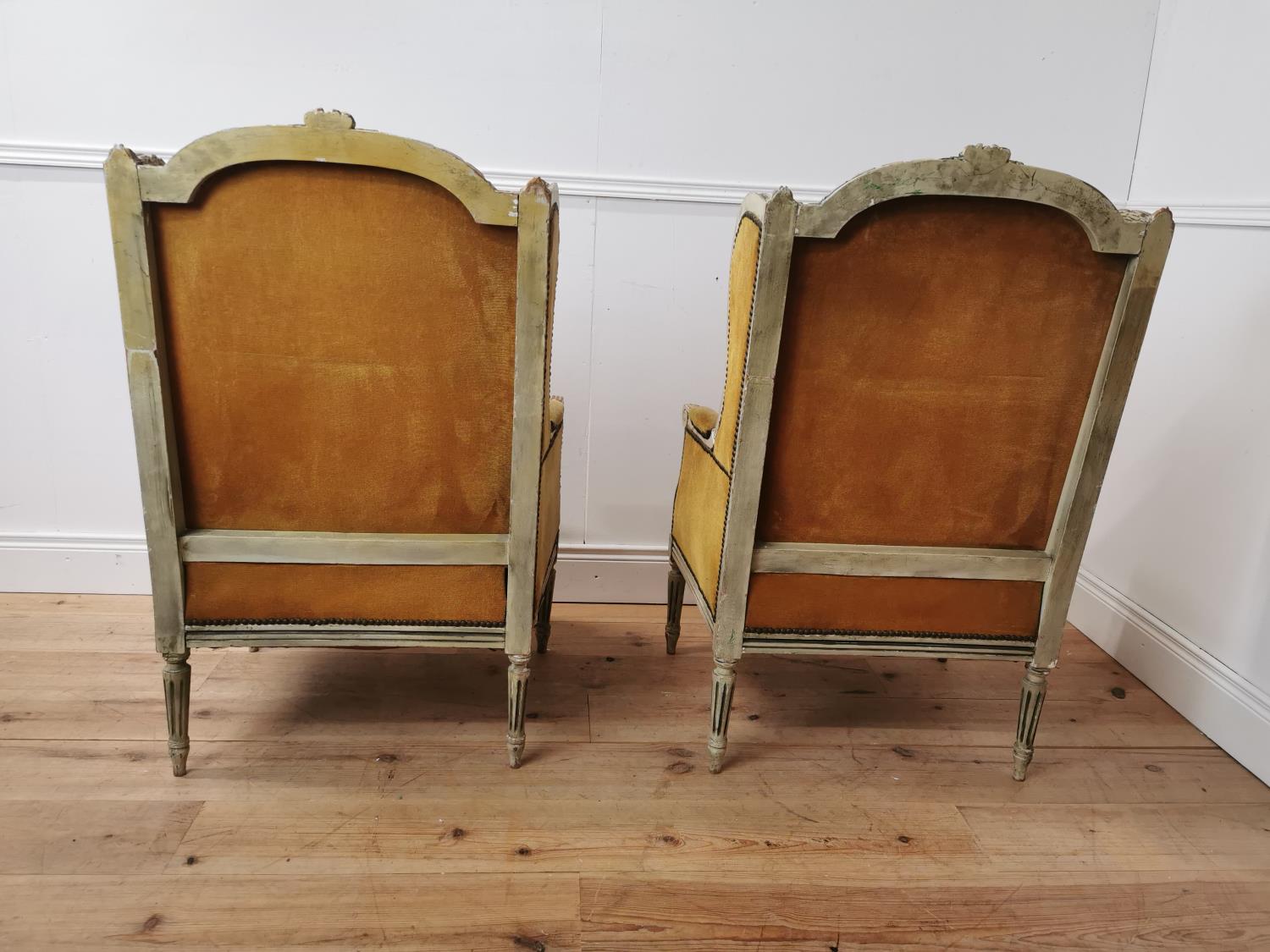 Pair of 19th C. French painted pine velvet upholstered Wingback Armchairs {105cm H x 65cm W x 61 D} - Image 5 of 5