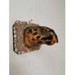 19th. C. taxidermy turtle head mounted on a plaque { 20cm H X 21cm W X 24cm D }.