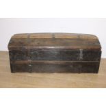 19th. C. oak leather bound travel trunk with metal hinges { 43cm H X 108cm W X 49cm D }