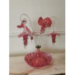 Ruby glass epergne with three flutes, three hanging baskets and three candy sticks { 43cm H X 40cm