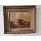 19th C. oil on canvas Cattle scene mounted in giltwood frame {75 cm H x 65 cm W}.