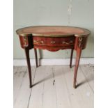 19th C. French mahogany and satinwood writing desk with inset leather top and ormolu mounts {77 cm H