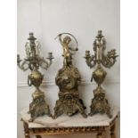 Three piece brass clock garniture { 77cm H X 30cm W X 22cm & 77cm H X 28cm Sq }.